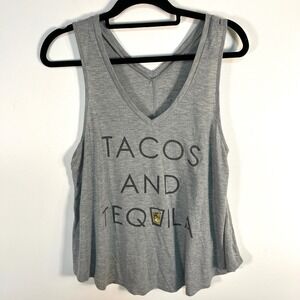 Zoe + Liv Womens XL Tacos and Tequila Graphic Tank Top Grey V-Neck Sleeveless